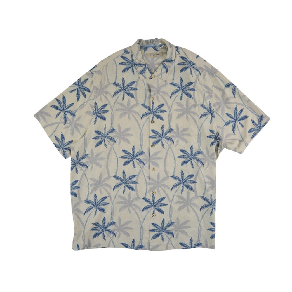 Tommy Bahama Camp Shirt Men's Size 4XL Cream Blue Palm Tree Silk Blend Hawaiian